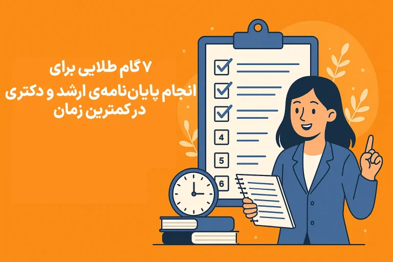 بنر مقاله با عنوان ۷ گام طلایی برای انجام پایاننامه ارشد و دکتری در کمترین زمان همراه با ایلاستریشن چکلیست، ساعت و دانشجو