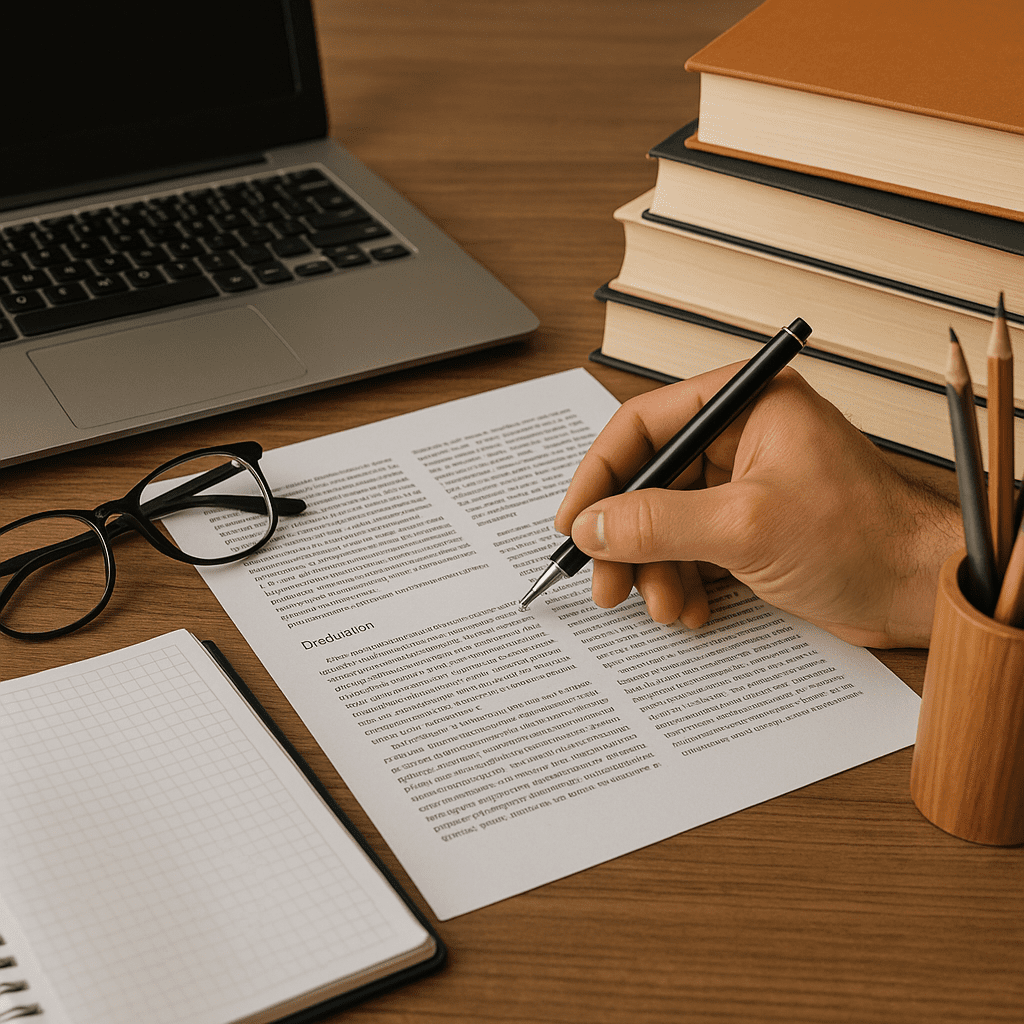 یک محیط کاری پژوهشی شامل لپتاپ، کتابها، عینک و دست پژوهشگر در حال نوشتن روی چاپ مقاله